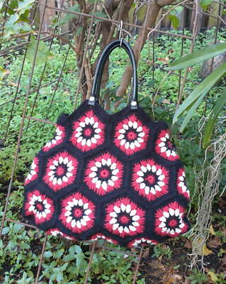 Medium Black/Red/White Granny Square Crochet Tote Handbag