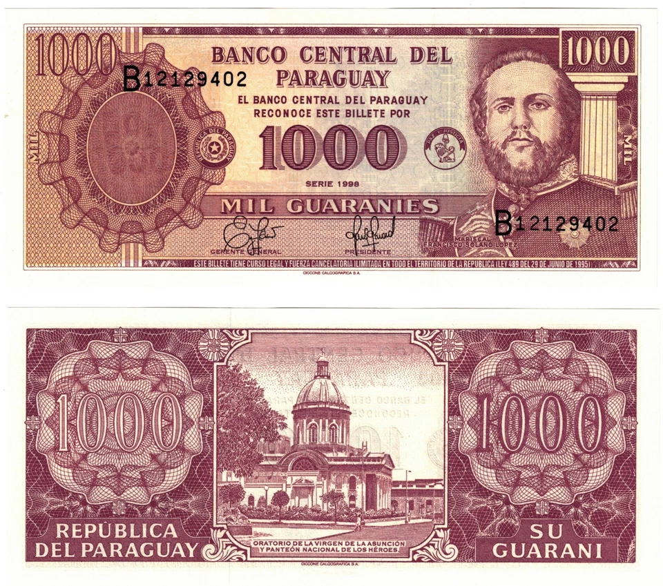 1998 Paraguay 1000 Guarni P214a Banknote UNC - Bild 1 von 1