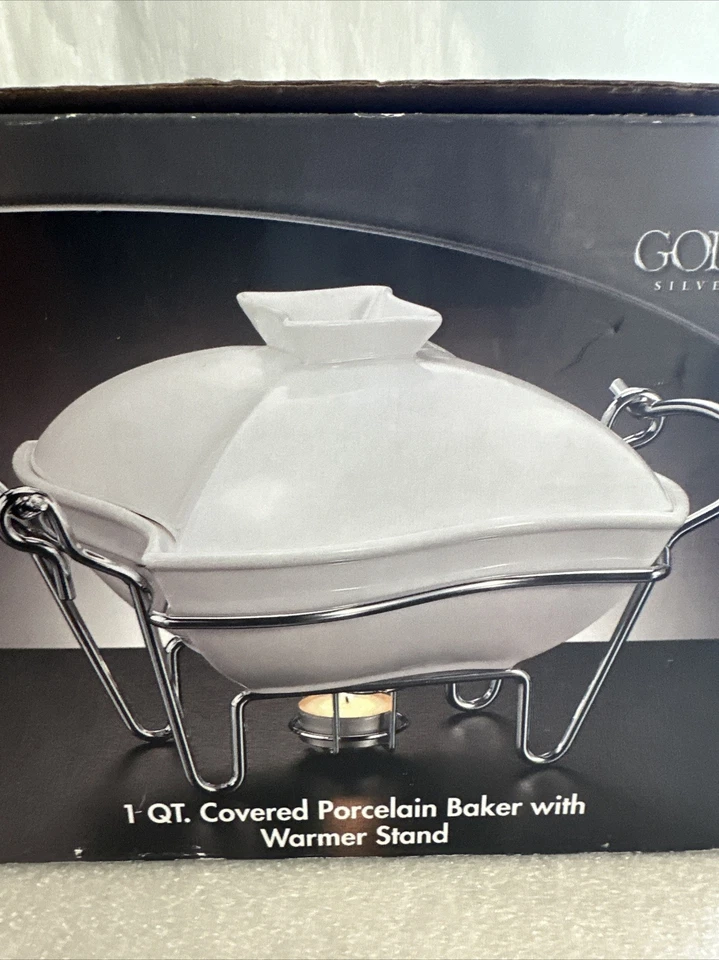 Godinger 1-Quart Covered Porcelain Baker with Chrome Plated Warmer Stand in Box - Image 2 of 3