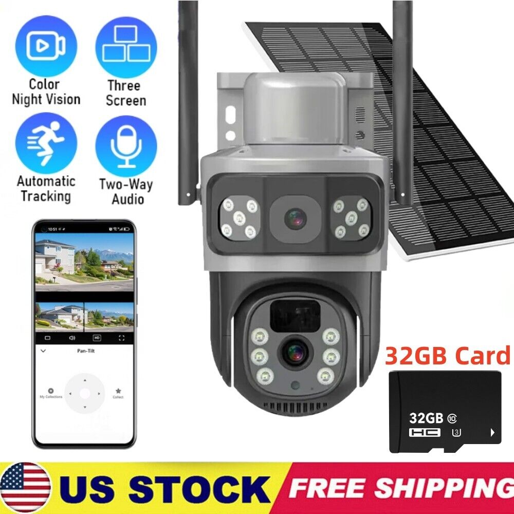 9MP 3 Screen Dual Lens WiFi Solar Camera 10X ZOOM Motion Detection Auto Tracking