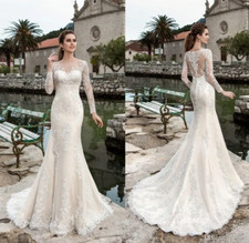 Long Mermaid Wedding Dresses Boat Neck Button Back Long Sleeves Court Train Lace