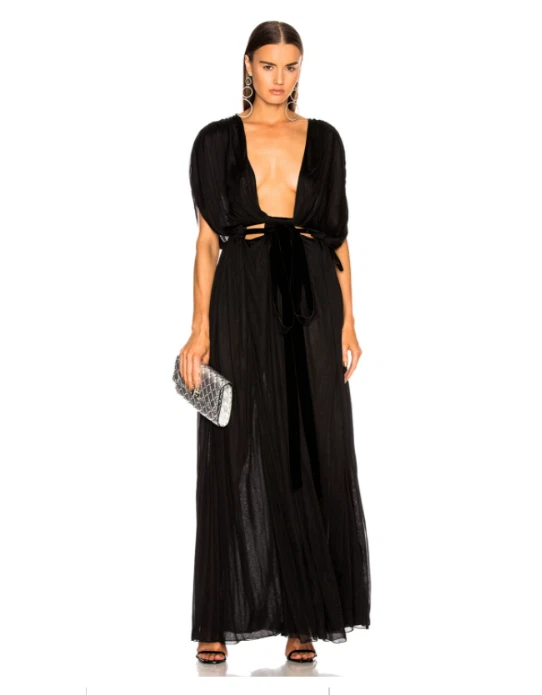Valentino — VALENTINO Black Plunging Neck Draped Velvet Tie Waist Maxi Gown Dress 10 = 46 🖤