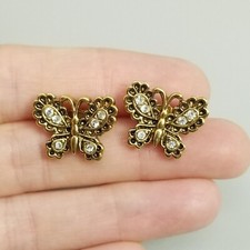Vintage Avon Gold Tone Rhinestone Butterfly Stud Earrings, Signed Estate