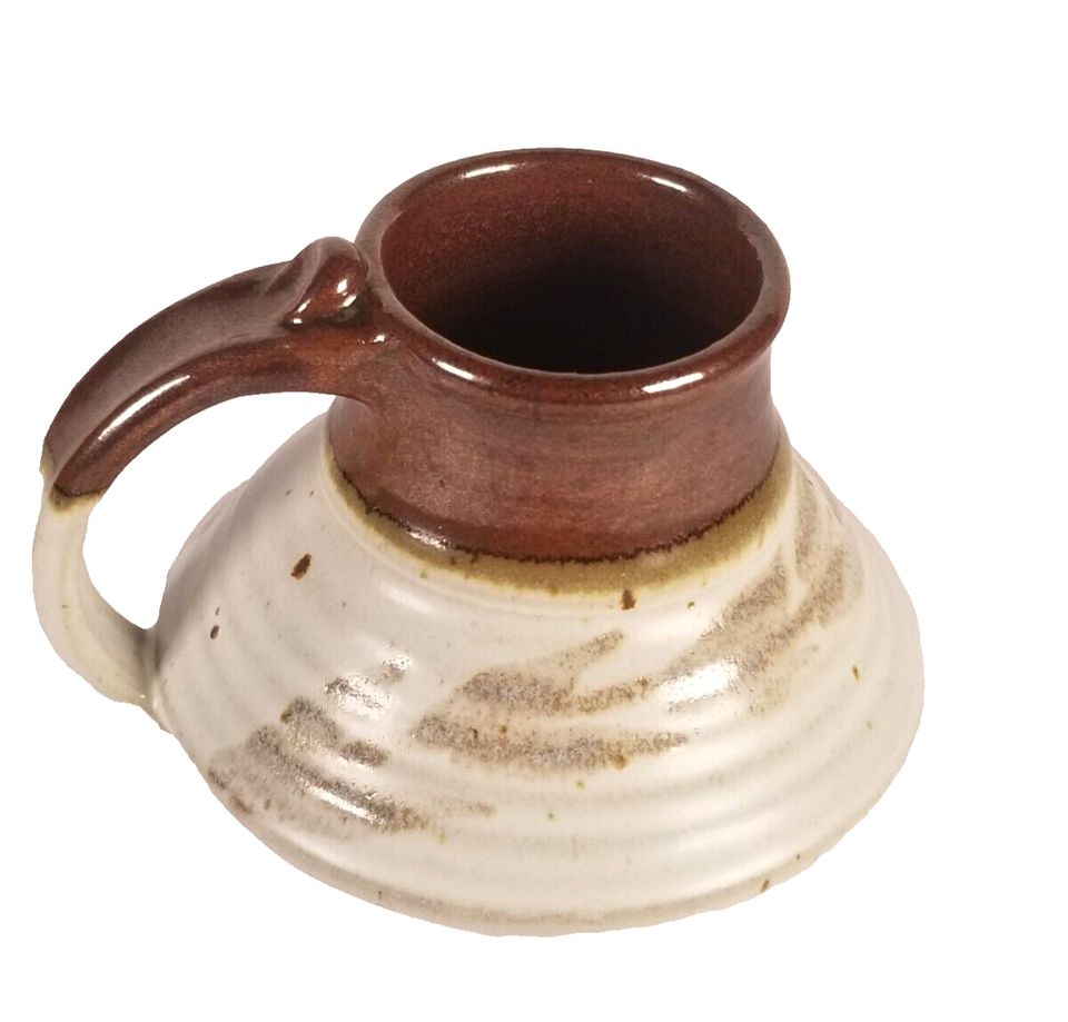 Vintage Handmade No Spill Travel Coffee Mug Pottery Brown/White Base