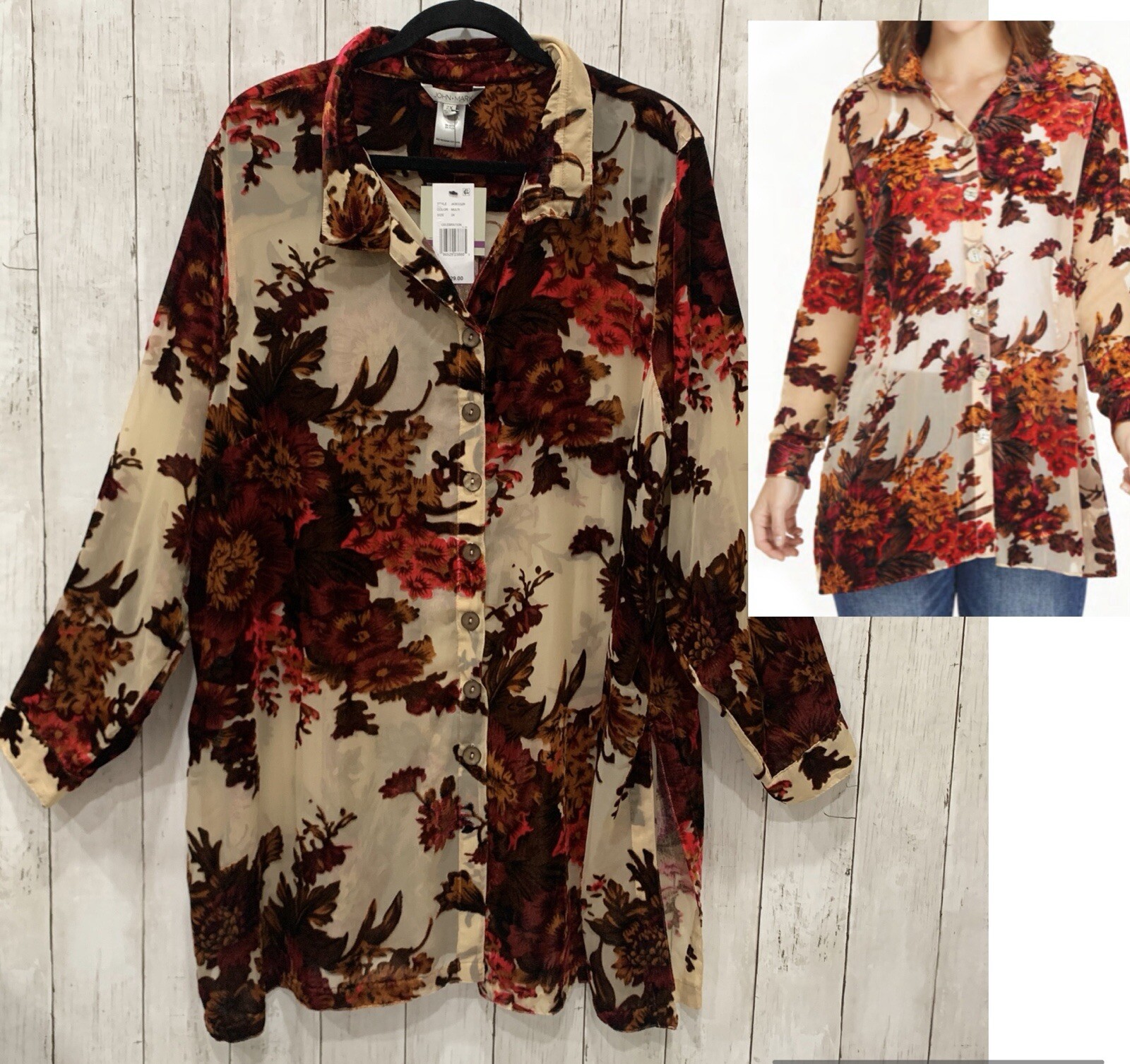 John Mark Velvet Burnout Sheer Tunic 2X Floral Button Front Shirt Blouse Top NWT