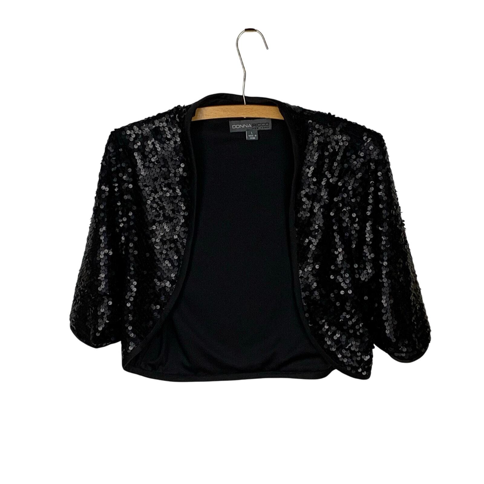 Donna Ricco Matte Black Sequined Bolero Shrug - Size L