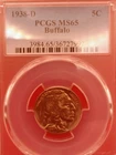 1938 D 5c Buffalo Nickel Five Cents Denver PCGS MS65