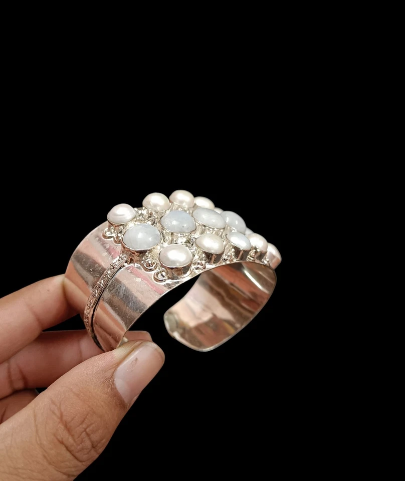 Natural Rainbow moonstone and pearl Bangle 925 Sterling Silver gift bangle - Image 2 of 4