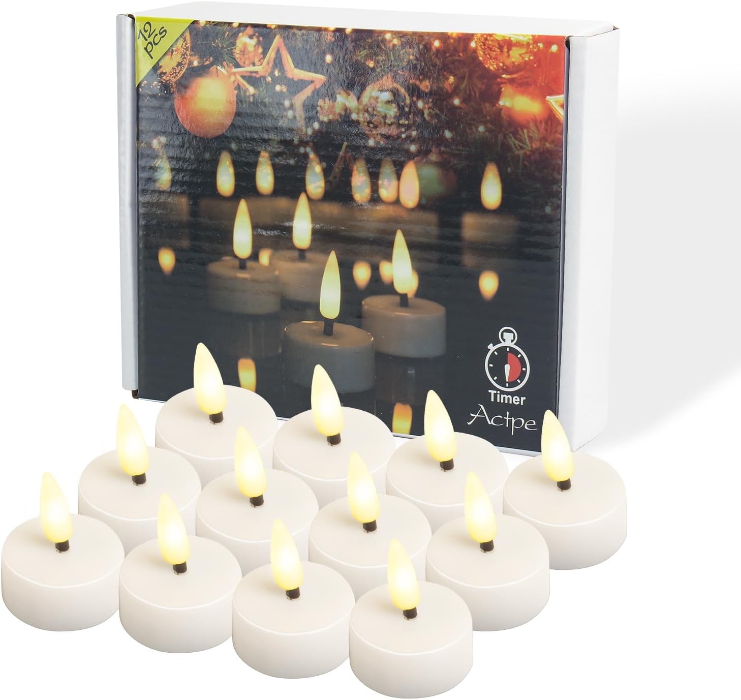 Actpe LED Tea Light Candles with Timer Flickering Flame 12pcs Battery Operated