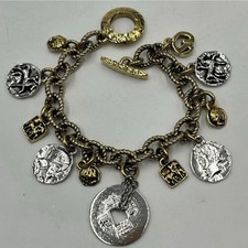 Vintage Mixed Metal Asian Coin Toggle Clasp Gold Silver SJ Signed Charm Bracelet