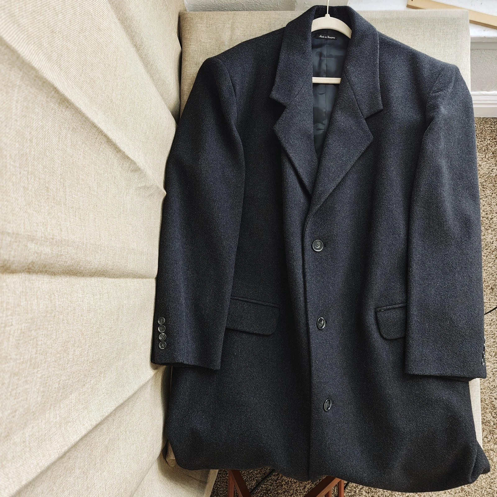 Vintage 90s Stafford Mens 100% Wool Overcoat Size 50L Charcoal Single-Breasted image 3