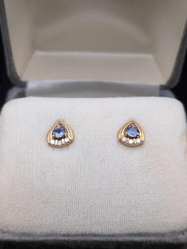 🔥 BALLOU 14K GOLD TANZANITE & DIAMOND STUD EARRINGS NEW IN BOX 2.3 GRAMS SIGNED
