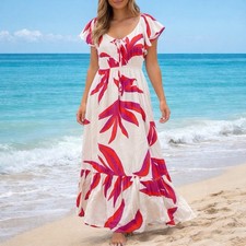 Nine West Women’s Maxi Dress Large White Red Floral Flutter Sleeve Lined Ruffle