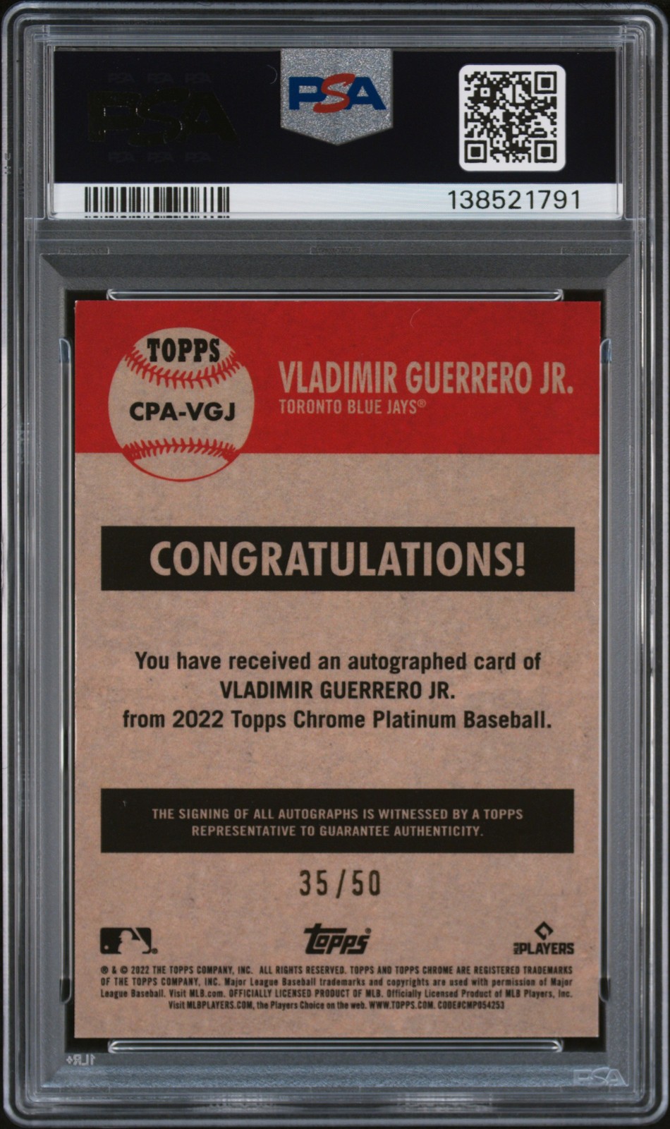2022 TOPPS CHROME PLATINUM ANV GOLD REF VLADIMIR GUERRERO JR /50 PSA 9 AUTO AUTH view 2