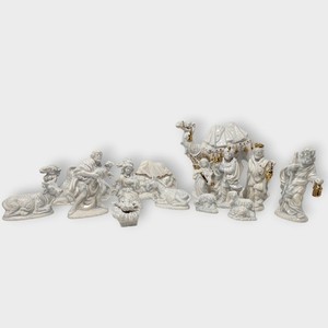 Vintage 15pc Atlantic Mold Ceramic Nativity Pearlized White Blue Glaze Gold Acnt
