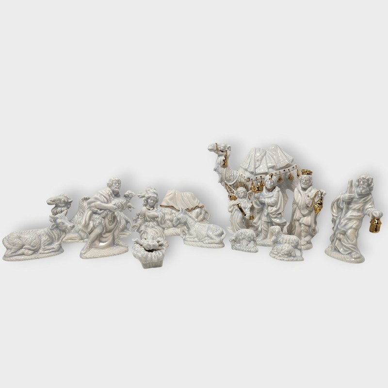 Vintage 15pc Atlantic Mold Ceramic Nativity Pearlized White Blue Glaze Gold Acnt