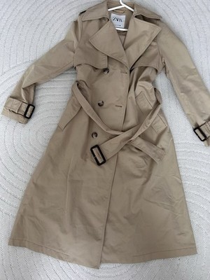 ZARA Damen Trenchcoat Beige Gr. S lang Baumwolle Twill mit Gürtel Knopf