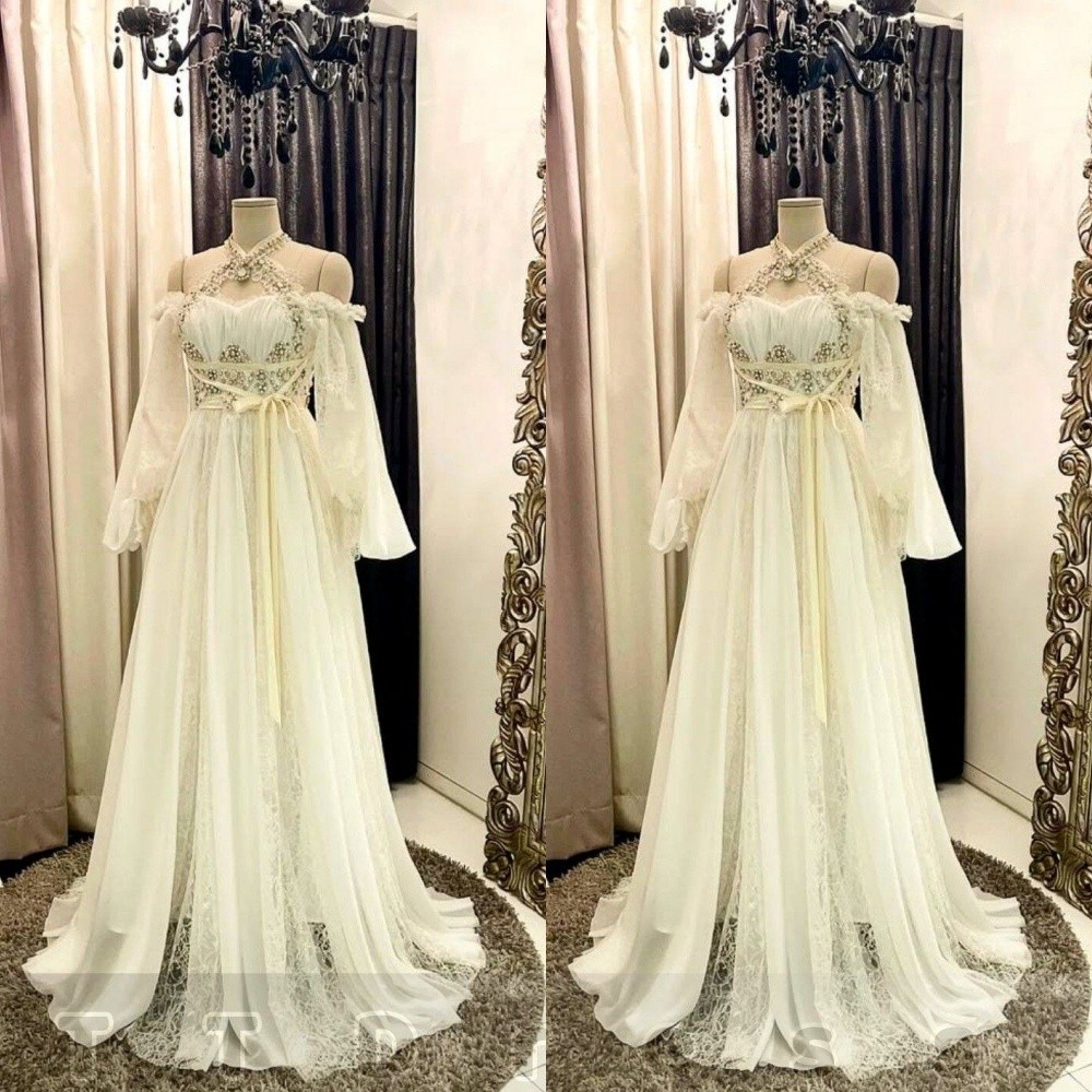 Vestido de novia de gasa vintage de encaje con hombros descubiertos manga larga con cuentas vestido de noche