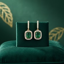 Emerald Green Crystal Halo Drop Earrings Cushion Cut Luxury Gift