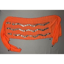 Orange Chiffon Belly Dance Hip Scarf Silver Coin Wrap Belt Festival Costume
