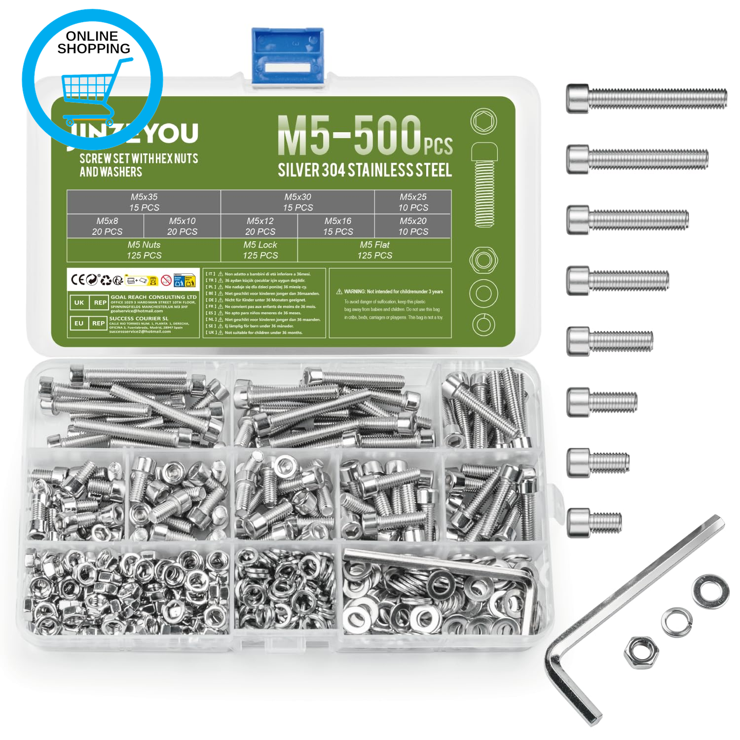 500 Pcs M5 Nuts and Bolts, Hex Socket Head Cap Screws Bolts and Nuts, Stainless