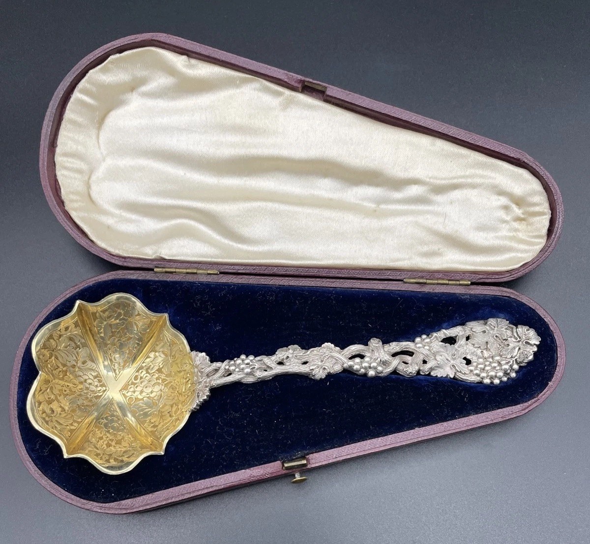 Cast English Sterling Silver Jam / Sugar Spoon Original Box 1852 Francis Higgins