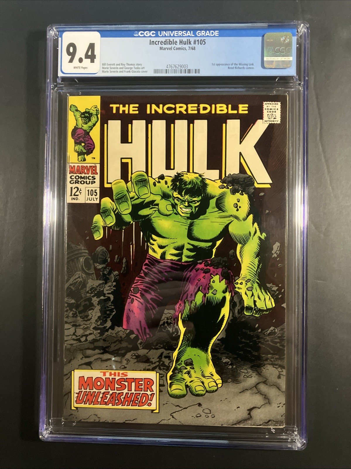 Incredible Hulk #105 CGC 9.4 White Pages 1968 NM Marie Severin Cover High Grade