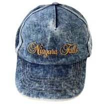 Niagara Falls in gold Script on Washed  Denim 5 panel Hat Cap w Bill SnapBack