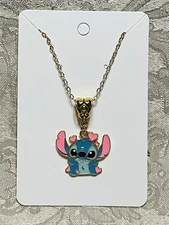 Cartoon Anime Stitch LILO Heart Enamel Gold Necklace 18” Fashion Fun Bohemian