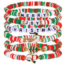 6 Pack Christmas Friendship Bracelets Set: Festive Polymer Clay Stretch Jewelry