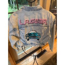 Rare L.A. Gear Vintage Acid Wash Denim Sz L Jacket w Pink Logo Teal Sequin Car