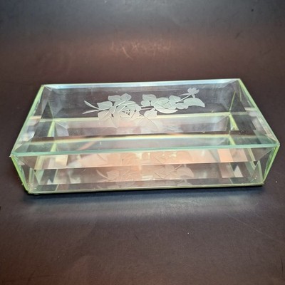 Glass Trinket Box Beveled Glass Mirror Bottom Floral Etched Lid 7''L X 3.5''W 