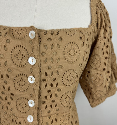 Cleobella Dress Womens XS NWT Tan Eyelet Puff Sleeve Organic Cotton Demi Midi 