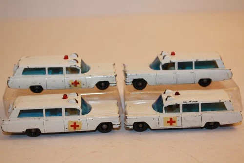 Four (4) Vintage 1960's Matchbox / Lesney S & S Cadillac Ambulance Cars #54 BPW