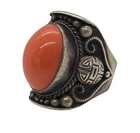 Antique 19th Century Chinese Sterling Silver Huge Undyed Coral Shou Emblem Ring