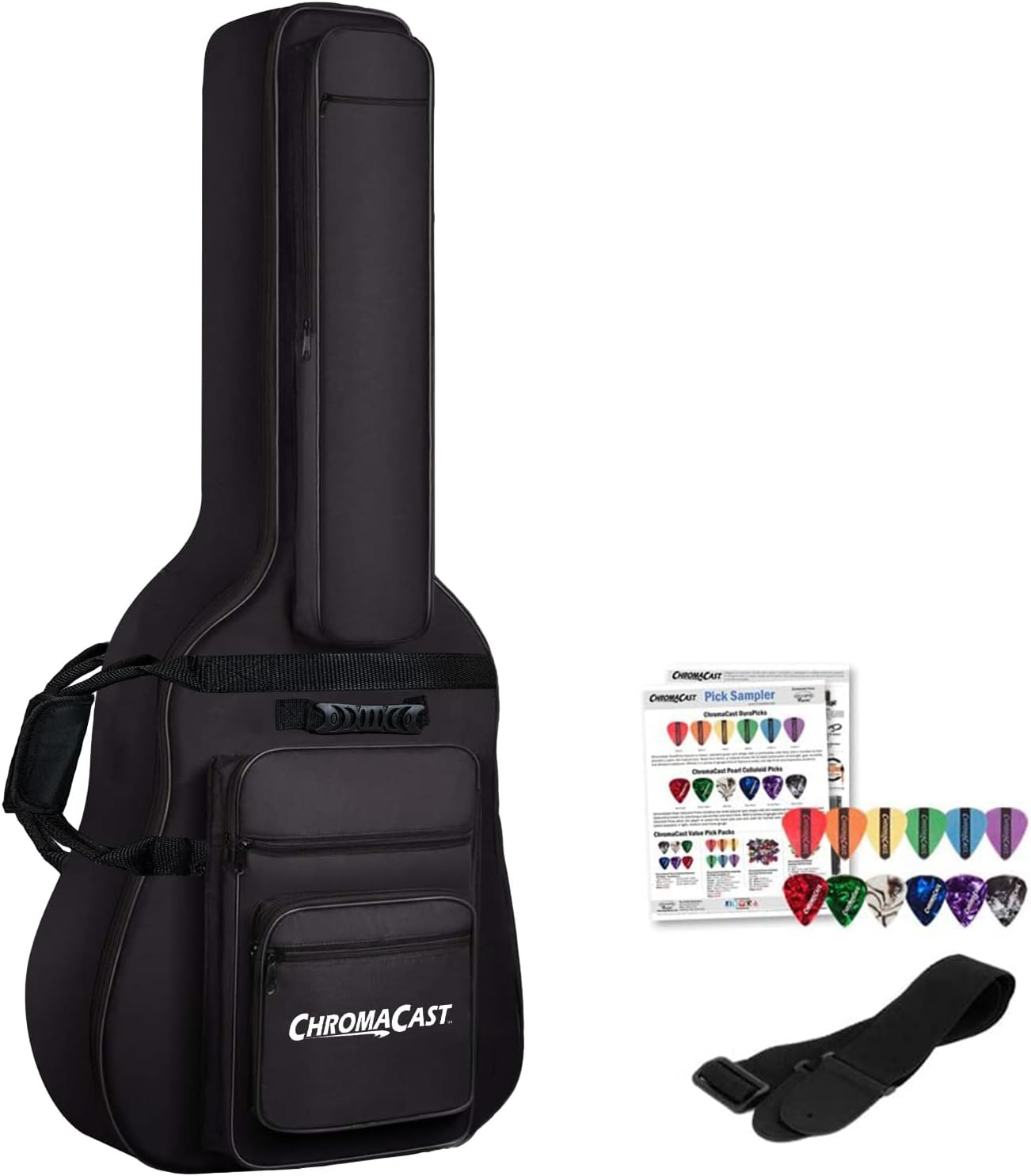 Acoustic Guitar 6-Pocket Padded Gig Bag with Guitar Strap and Pick Sampler
