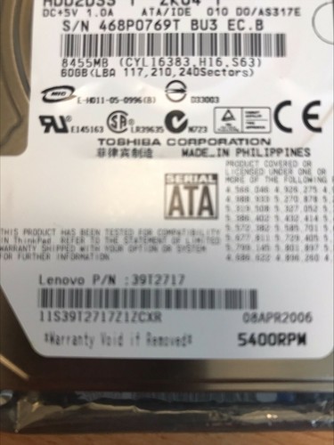 TOSHIBA MK6032GSX 60GB SATA Disk Drive - HDD2D33 - 39T2717 - Picture 3 of 4