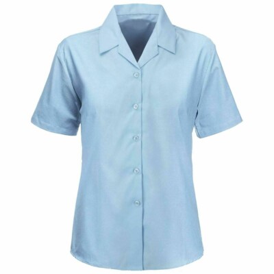 Mädchen Bluse blau Kurzarm Reverskragen Schulshirt offener Ausschnitt