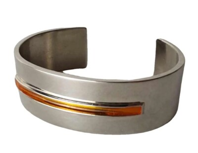 Authentic ROCHAS Lumiere Vtg Haute Couture Steel Modernist Cuff Bracelet Signed