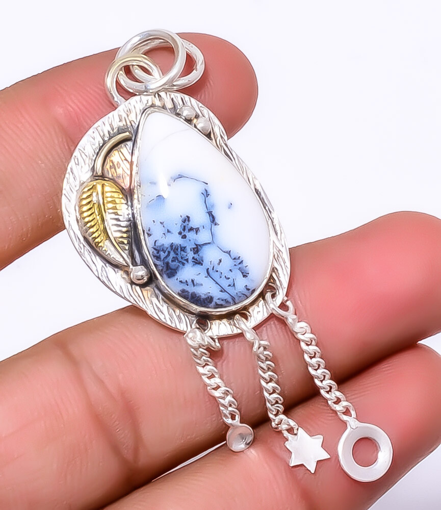 Merlinite Dendritic Opal -Brazil 925 Sterling Silver Two Tone Pendant 2.42