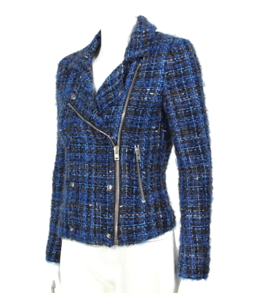 Chaqueta Blazer IRO Skye Tweed Boucle Mezcla Mohair Tejida Moto Azul Negra 36/851 Foto 3 de 4