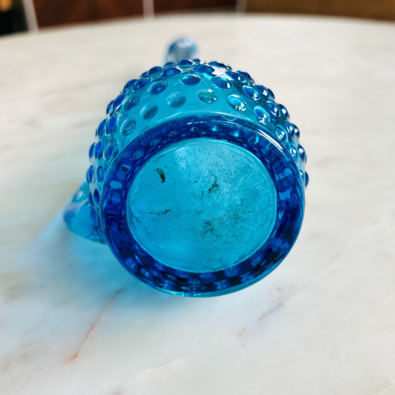 Blue Hobnail Swung Art Glass Vase Pitcher with Handle 14"