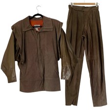 Vintage 80s 90s Leather Jacket Pant Set Women S/6 Brown Designer Bold Edgy