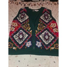 Lucia Petites Vintage Green Floral Embroidered Knit Sweater Vest Large Petite