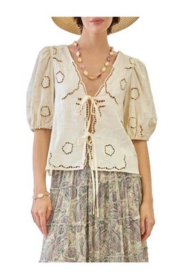 NEKANE LX.ORLI-000001 Bluse Frau Ecru Stickerei Viskose Leinen