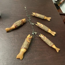 Vintage Folk Art Primitive Hand Carved Rustic Wood 5 Fish Stringer, Lake Decor