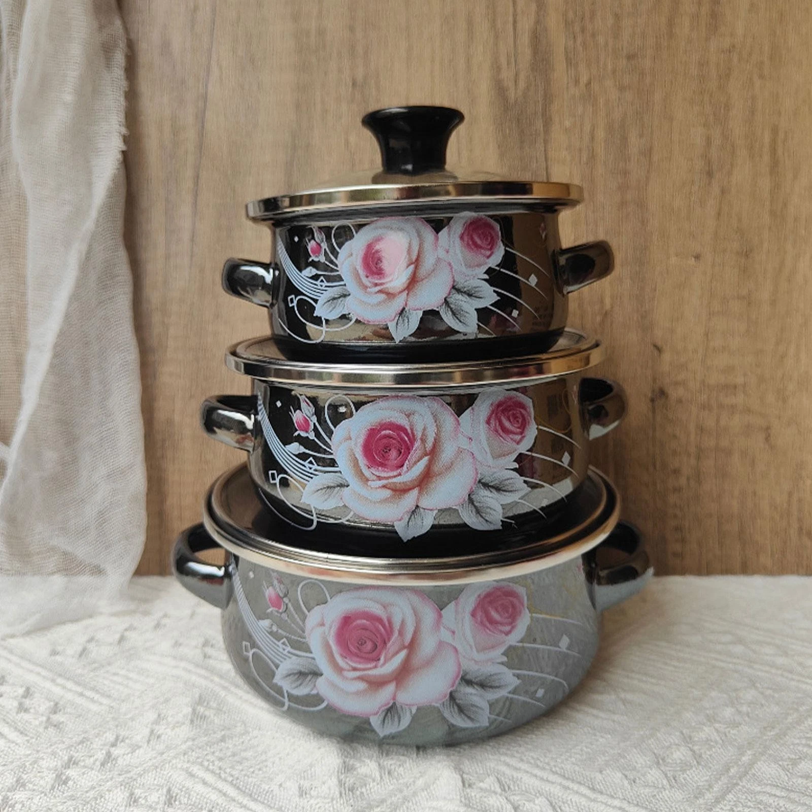 3x Enamel Stockpots with Handles Rose Mirror Glaze Practical Stew Bean Simmer