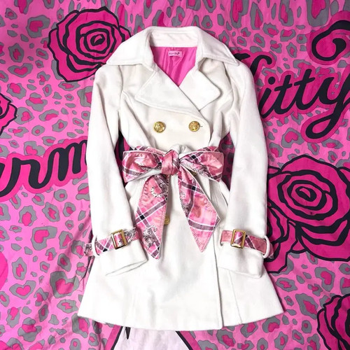 MA*RS White Pink Check Cat Pattern Coat with Ribbon & Gold Accents