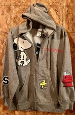 Peanuts Snoopy Chenille Patches Zip Up Soft Fleece Hoodie Jacket Size L