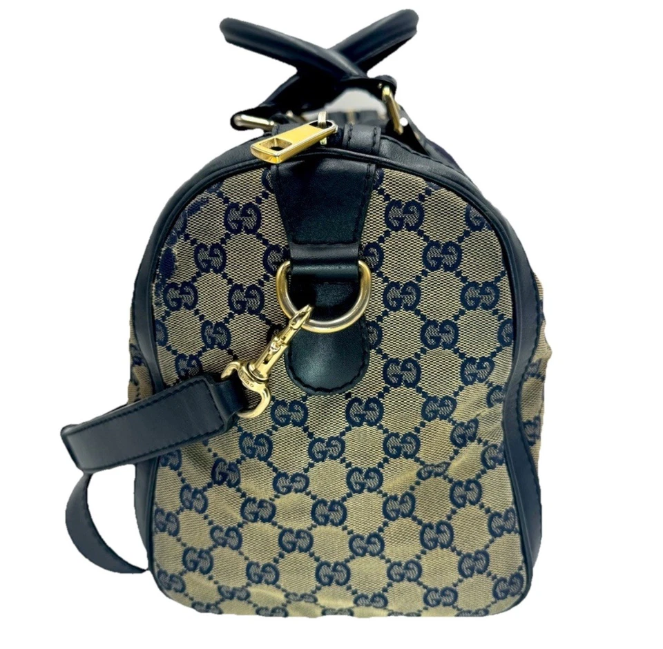 Подлинный GUCCI GG монограмма темно-синий бежевый холст кожи радость Boston 2way сумка спортивная - Изображение 3 из 4